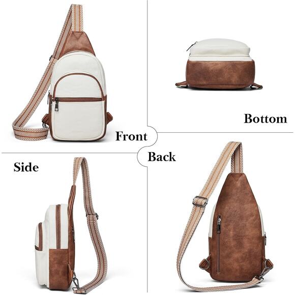 Vegan Leather Sling Crossbody Bag – White & Brown w/ Wide Strap (5-1b) - Picture 3 of 6